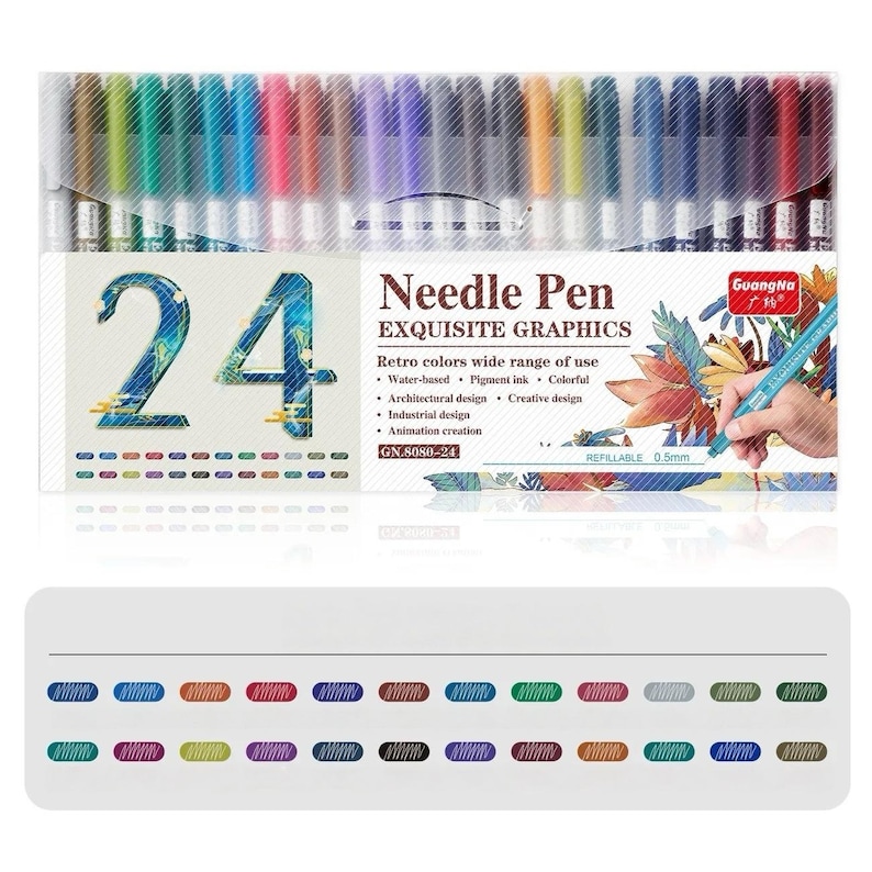 May include: A set of 24 colorful needle pens in a clear plastic case. The packaging features the text "Needle Pen Exquisite Graphics" and "Retro colors wide range of use." A color chart of the pen colors is displayed below the pens.