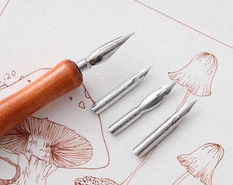 Wood Dip Pen with 4 Nib Set – Tachikawa Drawing Nibs for Sketching Line Art | Wooden Calligraphy Pen for Manga, Illustration