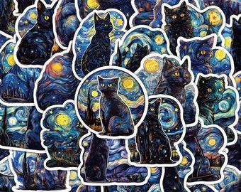 Cat Sticker, 53pcs Black Cat Sticker, Black Cat Moon Sticker, Laptop Sticker, Water Bottle Sticker, Waterproof stickerCat Lover Gift