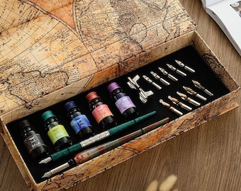 Vintage Calligraphy Dip Pen Set with Glass & Wooden Pens, 9 Nibs, 4 Inks, Gothic Italic Writing Kit, Drawing Lettering Gift Box