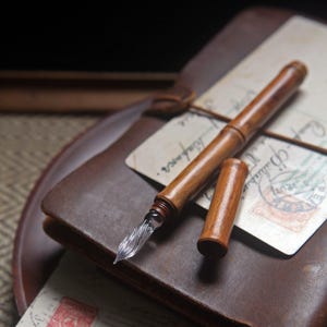 Wood Bamboo Glass Dip Pen with Cap, 5.5in Travel Calligraphy Pen, Fine 0.4mm Nib, Traditional Ink Writing Tool Gift