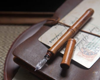 Pluma de inmersión de vidrio de bambú con capuchón, pluma de caligrafía de viaje de 5,5 pulgadas, punta fina de 0,4 mm, herramienta de escritura con tinta tradicional, regalo