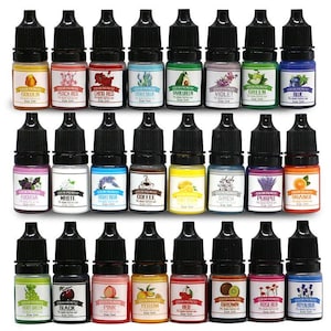 May include: A set of twenty-four small plastic bottles containing liquid color pigment. Each bottle features a black dropper cap and a white label displaying the color name, a corresponding fruit or floral illustration, and the text Size 5ml.