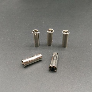 May include: Five small, cylindrical metal cord ends with a polished silver-tone finish. Each piece features a hollow tube design with a small opening at the top and a notched rim, designed for securing the ends of cords or strings in jewelry making.