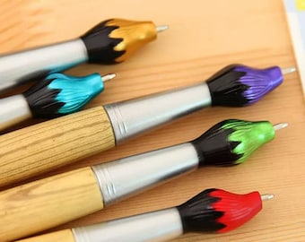 Creative Paint Brush Style Ballpoint Pen Set – 5 PCS Wooden Handle Blue Ink Artist Brush Style Writing Pens Journal Gift