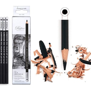 May include: A set of 12 black charcoal sketching pencils with a wood casing and a black paint coating. The pencils are sharpened and ready to use. The packaging features a black and white image of a building with the text "Raffine Sketch 7010" printed on it.