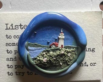 Lighthouse Wax Seal Stamp with Wooden Handle, Coastal Ocean Brass Seal, Seaside Landscape Wax Stamp for Journals Invitations