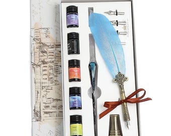 Vintage Feather Quill Dip Pen Set with Glass Dip Pen, Inks and Nibs, Calligraphy Writing Set Gift Box for Journaling Lettering Drawing
