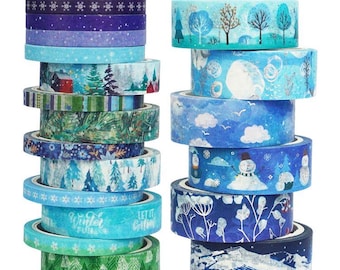 Winter Washi Tape Set: 19 Blue Rolls with Silver Foil