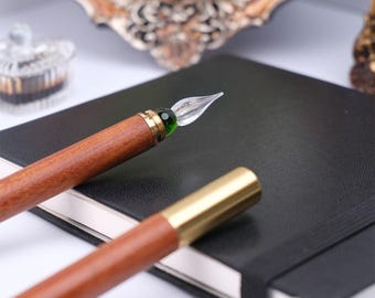 Penna a immersione in legno e vetro fatta a mano con cappuccio in ottone, penna calligrafica vintage per artisti, scrittori e collezionisti di regali