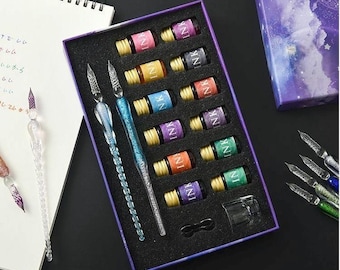 Glas Dip Pen Set mit 12 Farbtinte, Kristallglas Stifte Geschenkbox, Kalligraphie Set zum Schreiben Zeichnen, Sternen Fantasy Art Kit