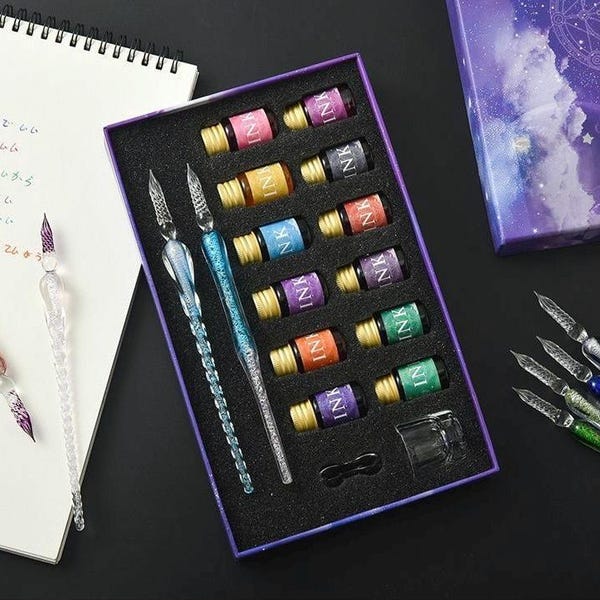 Set di penne in vetro con inchiostro a 12 colori, confezione regalo di penne in vetro di cristallo, set di calligrafia per scrivere e disegnare, kit artistico fantasy stellato