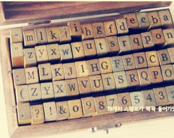70 piece stamps, Vintage Retro Wooden rubber stamp Roman type Traditional Alphabet, numbers, figures wood rubber stamp