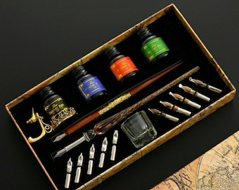 Vintage Calligraphy Dip Pen Set with Glass & Wooden Pens, 9 Nibs, 4 Inks, Gothic Italic Writing Kit, Drawing Lettering Gift Box