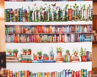 May include: A rectangular fabric panel featuring a repeating pattern of stacked books, potted plants, and wildflowers. The design includes rows of colorful book spines, shelves with greenery, and a bottom border of assorted floral arrangements.