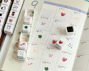 6-in-1 Pre-Inked Journal Stamp, Mini Planner Icon Stamp, DIY Collage Stamp, Self-Inking Scrapbook Stamp, Kawaii Journal Supply
