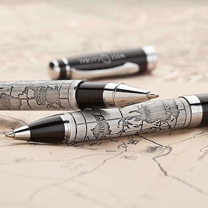 Stylo gel carte du monde en argent antique | Stylo cadeau en métal de 0,5 mm pour le bureau et l'écriture