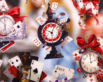 May include: A collection of stickers featuring playing cards, clocks, and hourglasses. Elements include a red and black clock, a gold hourglass, and various playing cards with red bows. Some cards are chained or cracked, with one labeled JOKER.