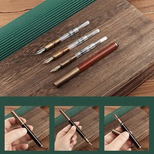 May include: Four fountain pens with metal and wood accents are arranged on a wooden surface. The pens have clear barrels, visible nibs, and varying metal finishes. One pen features a dark wood barrel. The image also shows close-ups of a pen.