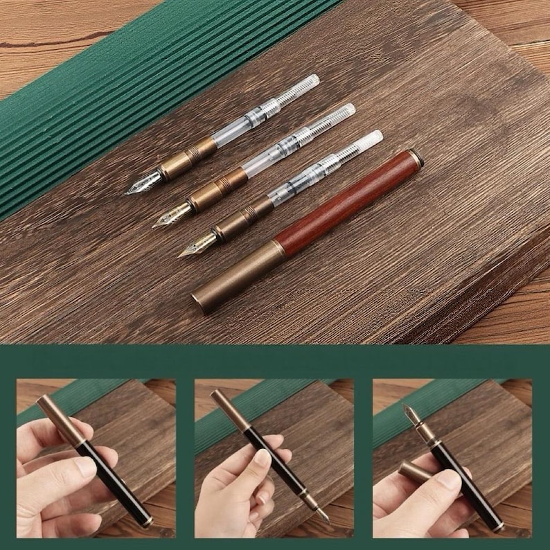 May include: Four fountain pens with metal and wood accents are arranged on a wooden surface. The pens have clear barrels, visible nibs, and varying metal finishes. One pen features a dark wood barrel. The image also shows close-ups of a pen.