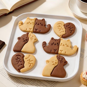 Pode incluir: Uma bandeja retangular branca contém vários biscoitos em forma de gato. Os biscoitos estão em pares, com metade castanho claro e a outra metade castanho escuro. Alguns biscoitos têm forma de gato, outros de coração.