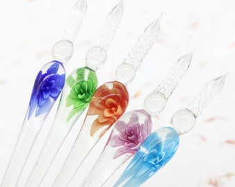 Elegant Floral Dip Glass Pen for Calligraphy, Signing & Writing - Handcrafted Artisan Gift for Women