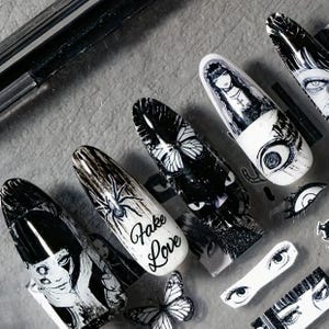 4 Sheets Goth Horror Nail Stickers – Black White 3D Tomie Inspired Skull Eye Butterfly Nail Art Decals for Dark Aesthetic Nails