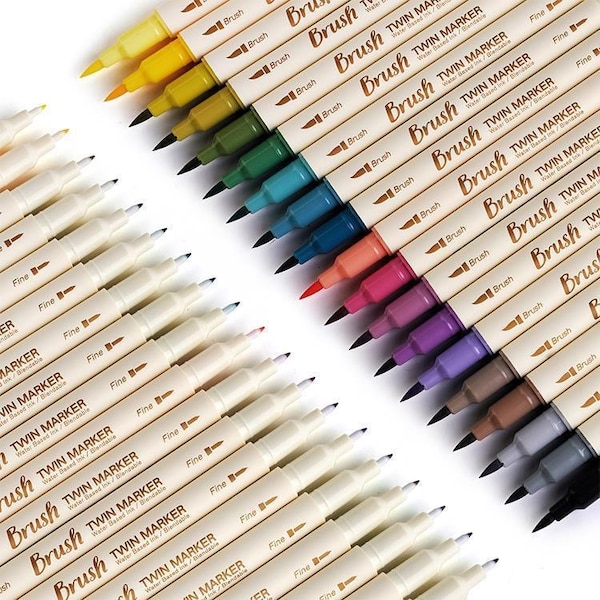 20 Farben Twin Marker Set, Tuschestifte auf Wasserbasis, Pinsel und feine Spitze, Vintage Vibes Soft-Tip Aquarellmarker für Journaling Scrapbooking