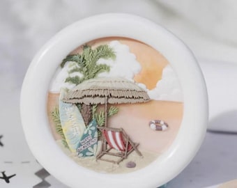 Beach Vacation Wax Seal Stamp with Wooden Handle, Coastal Summer Brass Seal, Tropical Ocean Scene Wax Stamp for Journals and Envelopes