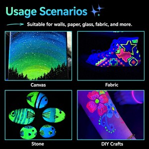 Puede incluir: Un collage que muestra escenarios de uso para pintura fluorescente. Los paneles muestran un lienzo de noche estrellada, una zapatilla con patrones geom&eacute;tricos de ne&oacute;n, cinco peces pintados en piedras y un dise&ntilde;o floral en la piel bajo luz UV.