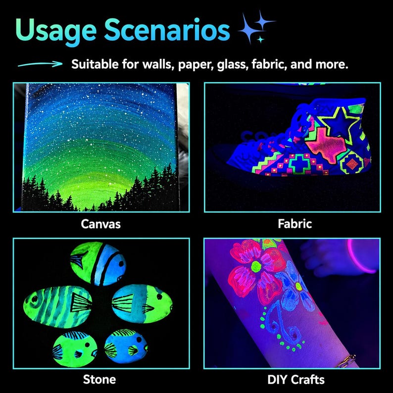 Puede incluir: Un collage que muestra escenarios de uso para pintura fluorescente. Los paneles muestran un lienzo de noche estrellada, una zapatilla con patrones geom&eacute;tricos de ne&oacute;n, cinco peces pintados en piedras y un dise&ntilde;o floral en la piel bajo luz UV.