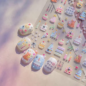 4pcs Birthday Cake Nail Stickers 3D Cute Bear Candle Nail Art Decals, Pastel Cupcake Calendar Nail Wraps, Kawaii Party Nail Decorations