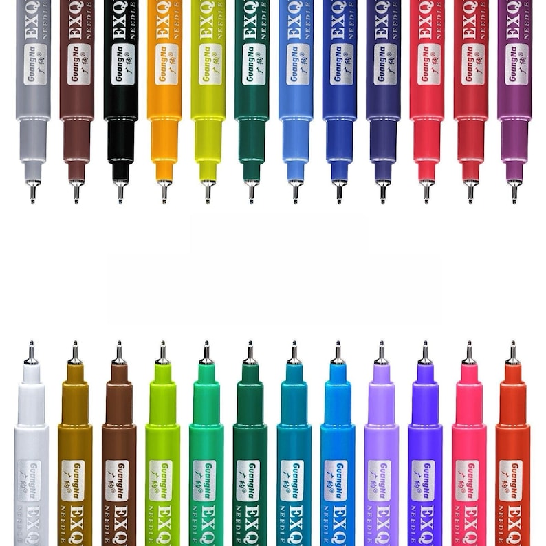 May include: A collection of colorful fine-tip pens in various shades, including gray, brown, black, yellow, green, blue, purple, red, and pink. Each pen has a needle-like tip and the text "GuangNa EXQ NEEDLE" printed on the barrel.