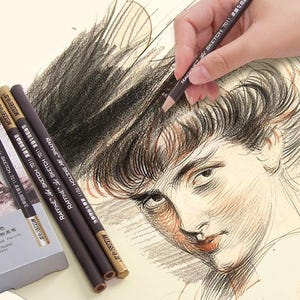 May include: A set of brown and gold coloured drawing pencils with the text "RAFFINE SKETCH 7011 素描专用粉笔" printed on the side. The pencils are on a white surface with a drawing of a person's face.