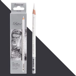 May include: A white artist pencil with a silver band that says "MARCO" on it. The pencil is in a white box with a black and white image of a building and the text "Raffine marco fine art" on it. The box also says "12支白色 &middot;素描专用粉笔 Artist Pastel Pencils Crayon Pastel pour Artiste".
