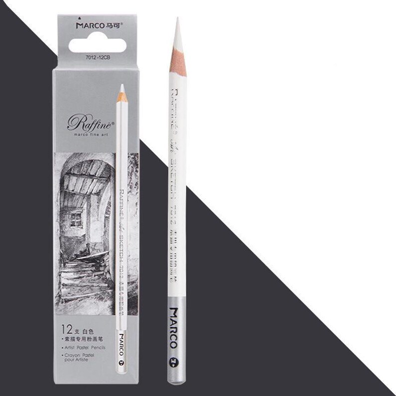 May include: A white artist pencil with a silver band that says "MARCO" on it. The pencil is in a white box with a black and white image of a building and the text "Raffine marco fine art" on it. The box also says "12支白色 &middot;素描专用粉笔 Artist Pastel Pencils Crayon Pastel pour Artiste".