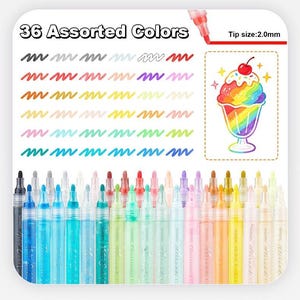 Può includere: Un set di 36 pennarelli di colori assortiti con punte da 2,0 mm. L'immagine mostra una tabella colori con linee ondulate in varie tonalità, un disegno di una coppa gelato arcobaleno e una fila di 36 pennarelli in plastica trasparente.