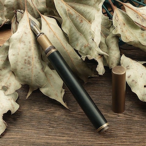 May include: A black fountain pen with a brass-colored nib and accents, and a separate cap. The pen is lying on a wooden surface, surrounded by dried leaves. The pen's design is classic and elegant.