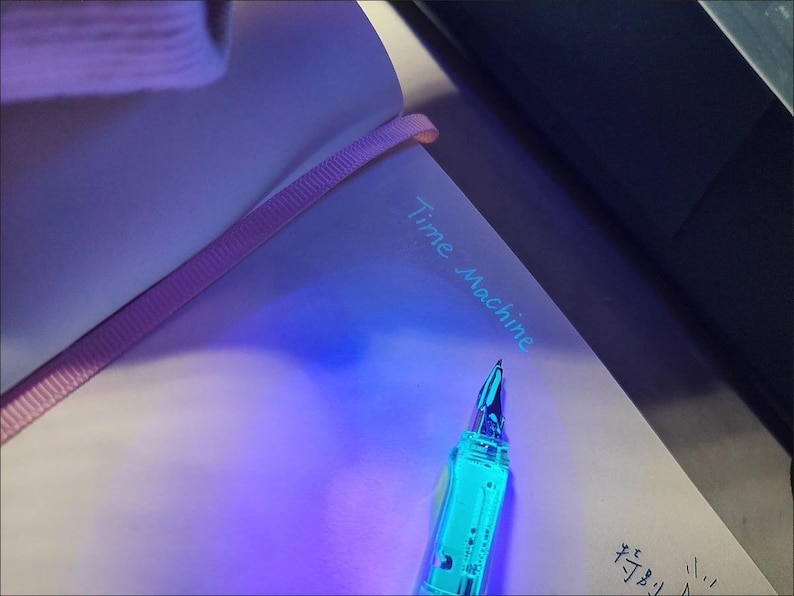 May include: A notebook with the words "Time Machine" written in light blue ink. A clear, turquoise pen is positioned on the page. The notebook has a purple ribbon bookmark.