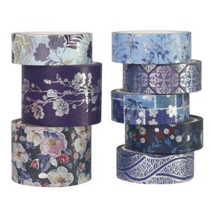 Conjunto de 8 rolos de fita washi com estampa floral azul-escuro e folha prateada | Fita adesiva elegante com flores em tons frios para scrapbooking, diário Bujo, artesanato faça você mesmo