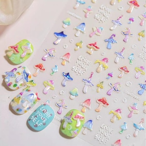 5 Sheets 3D Mushroom Nail Stickers – Colorful Embossed Nail Art Decals, Cute Fantasy Design for DIY Manicure & Craft Decoration