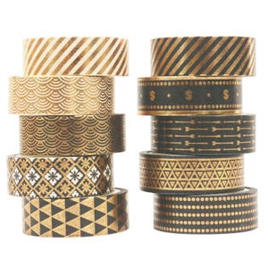 Set van 10 rollen zwartgouden washitape | 15 mm x 5 m folie gouden plakband voor junk journal, scrapbooking, Bujo planner, doe-het-zelf collagekunst
