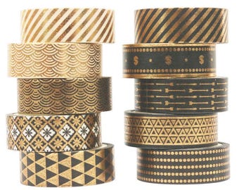 Black & Gold Washi Tape Set: Foil Scrapbooking Tape (10 Rolls)