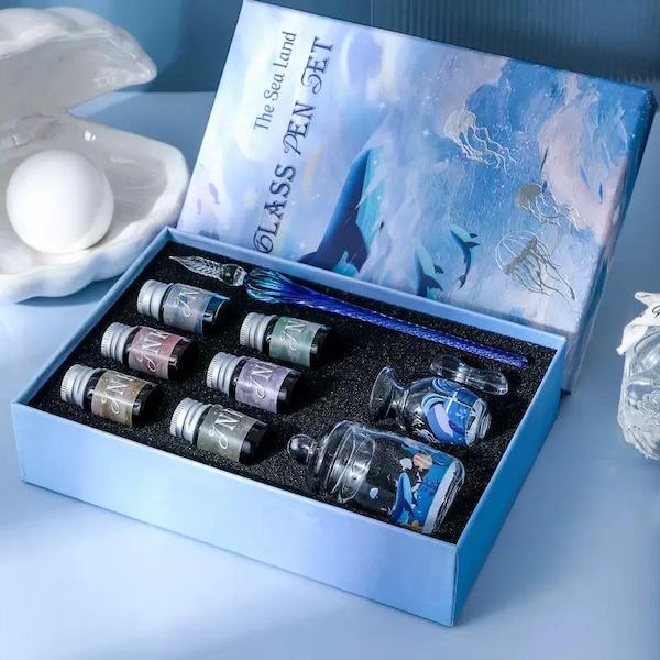 Set di penne in vetro blu oceano, penna in vetro per calligrafia con 6 inchiostri, set regalo di scrittura fatto a mano per diario, lettere, arte
