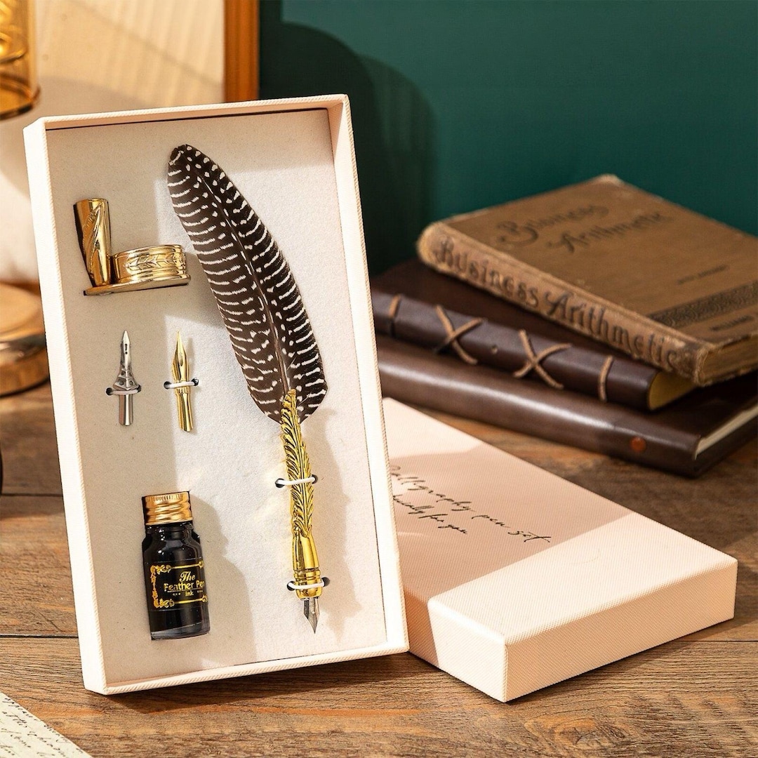 Vintage Feather Dip Pen Set, Calligraphy Quill Pen Gift Box, 5PCS ...
