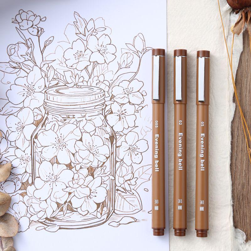 Set of 3 Brown/Black Waterproof Fineliner Drawing Pens, Art Sketch Inking Pens, 0.2mm, 0.3mm, 0.45mm Tips