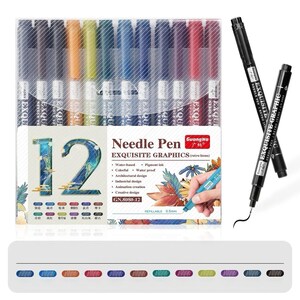 May include: A set of 12 needle pens in a clear plastic case. The pens are various colors, including blue, green, yellow, and red. The packaging includes the text "Needle Pen EXQUISITE GRAPHICS" and "REFILLABLE 0.5mm". Two black pens are shown separately.