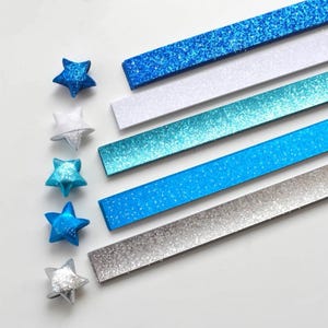 200 fogli di carta origami a forma di stella glitterata, blu reale, blu lago, azzurro, bianco, stelle della fortuna scintillanti color argento, strisce di stelle glitterate