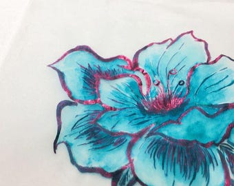 May include: A watercolor-style illustration of a flower with vibrant turquoise petals and metallic magenta outlines. The artwork features deep magenta shading at the center and along the petal edges, creating a bold contrast against the white surface.