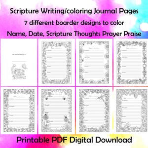 Op de afbeelding: Afdrukbare PDF-dagboekpagina's voor het schrijven en kleuren van Schrift. De pagina's bevatten zeven verschillende randontwerpen om in te kleuren, met ruimte voor naam, datum, Schrift, gedachten, gebed en lof.